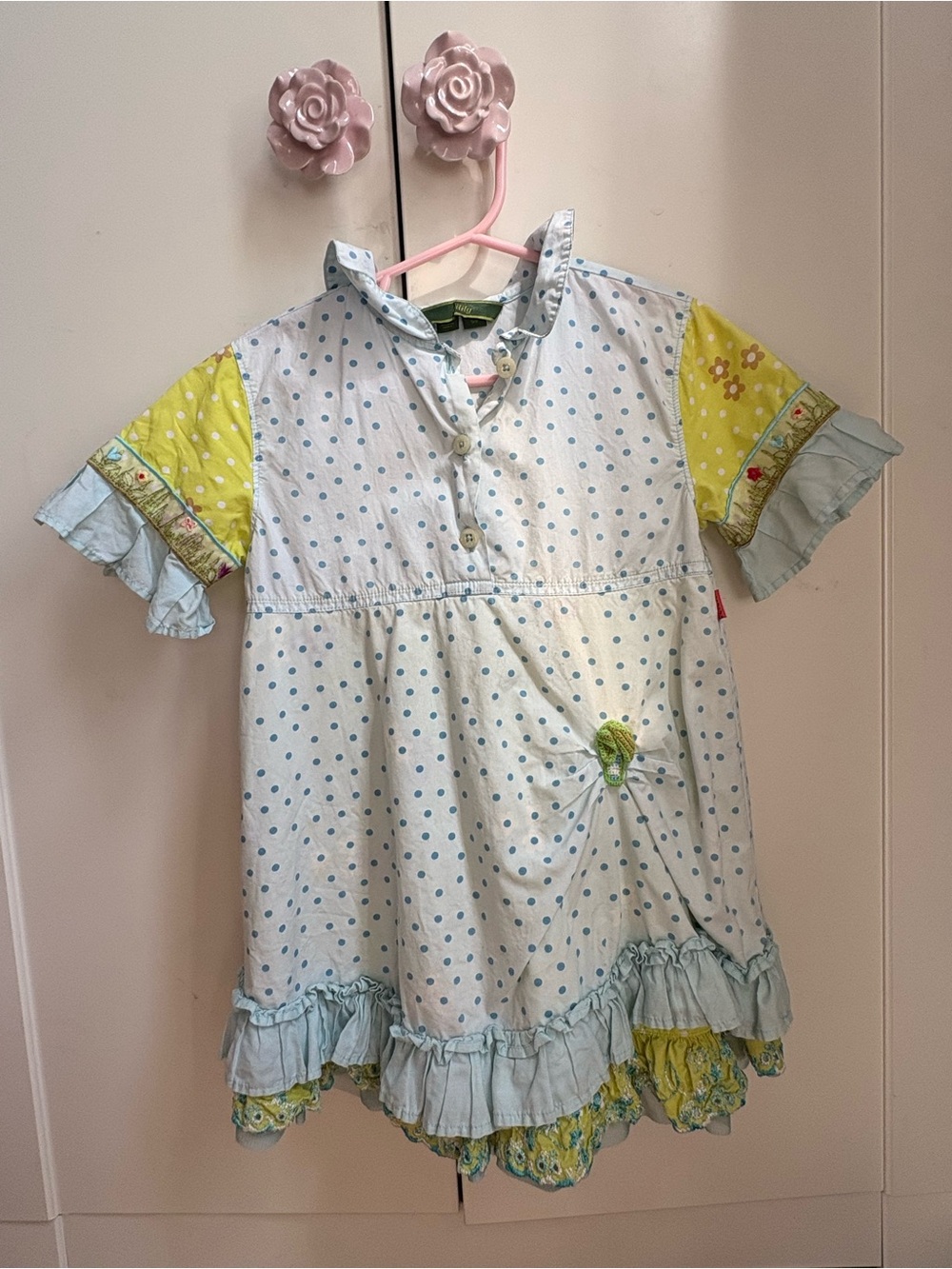Oilily Light Blue Polka Dot Dress with Yellow Floral Sleeves